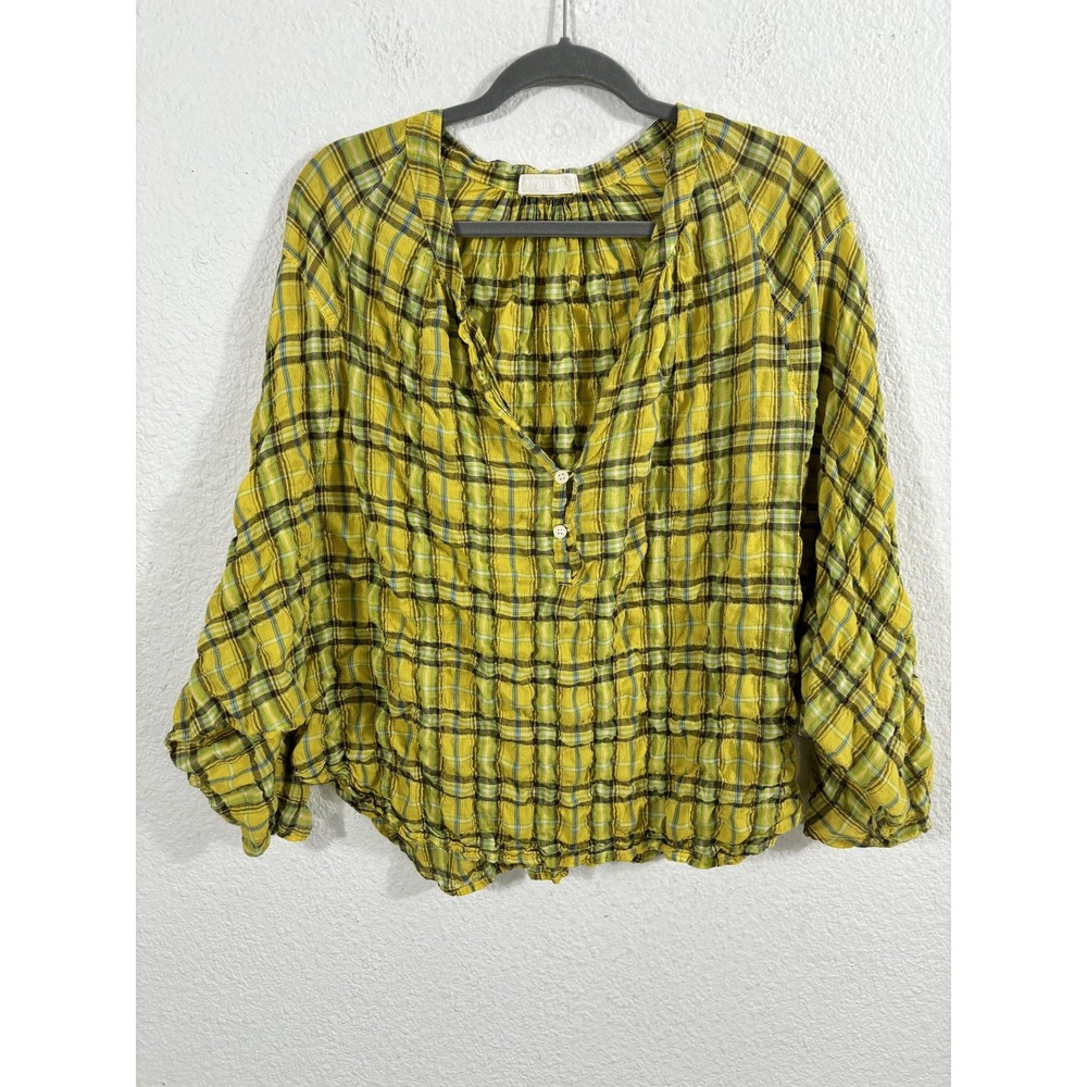 CP Shades Shirt Womens Medium Yellow Plaid Dolman Sleeves Crinkled Henley Top